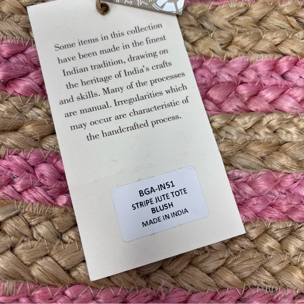 NWT Antik Kraft Natural and Pink Striped Jute Tote with Wooden Handles - Picture 7 of 10